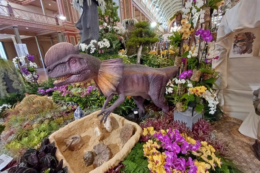 Prehistoric life forms depicted in collaborative garden display